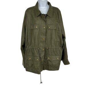 Susan Graver Olive Green 4‎ Front Pockets Gold-Tone Snaps Utility Jacket Size XL